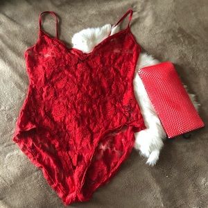 Red Rose Lace Bodysuit & Fishnets